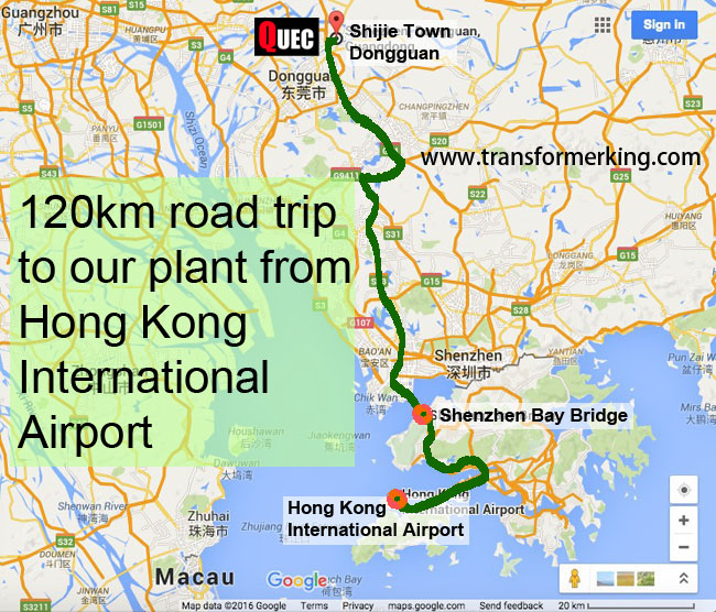 Road Map for Travel from HKIA to Shijie Transformer Town in Dongguan City, Guangdong Province of China.